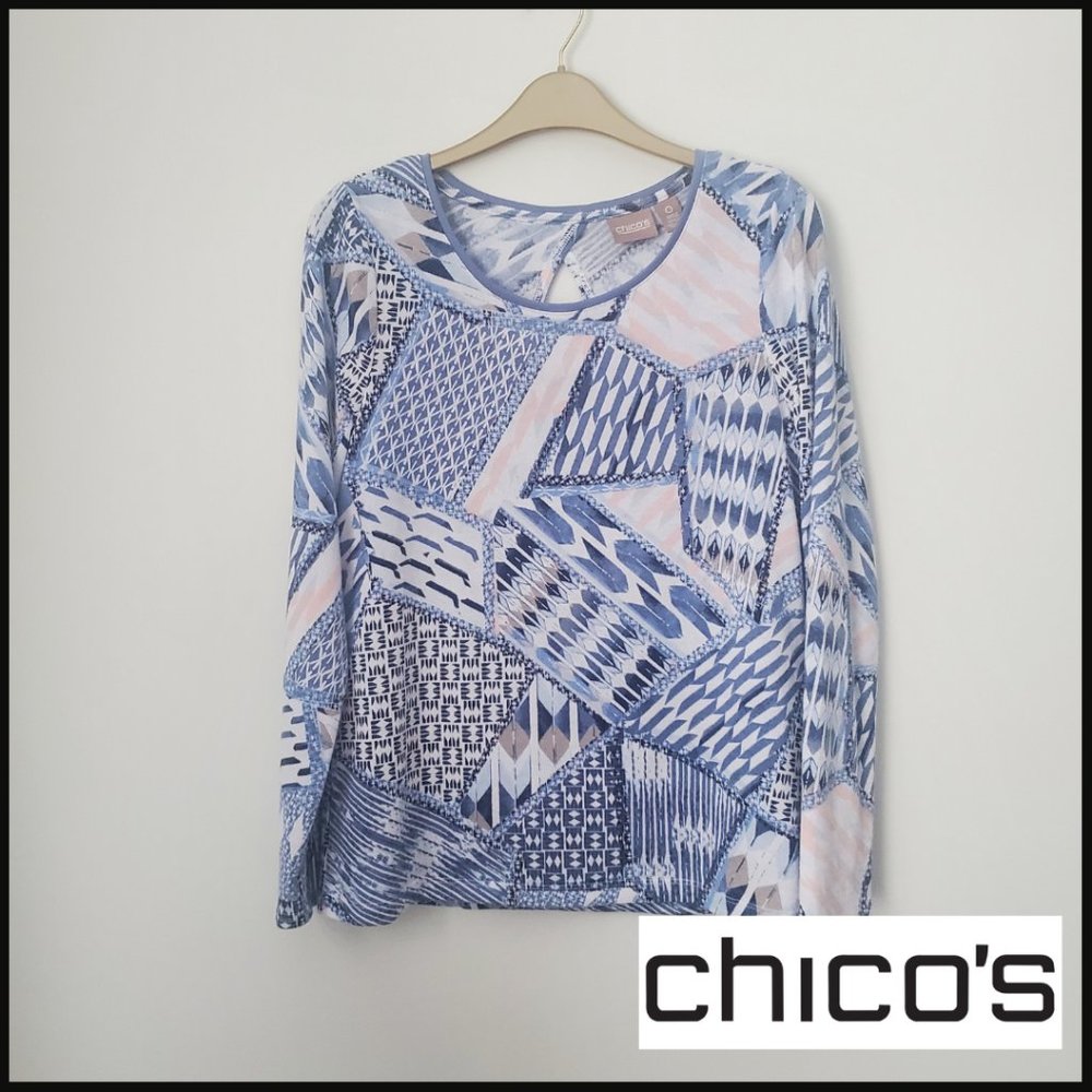 CHICO'S Abstract Fairweather Sweater Top Pastel colours Geo Pattern Open back